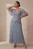 V Neck Twilight Floral A Line Long Mother of the Bride Dress