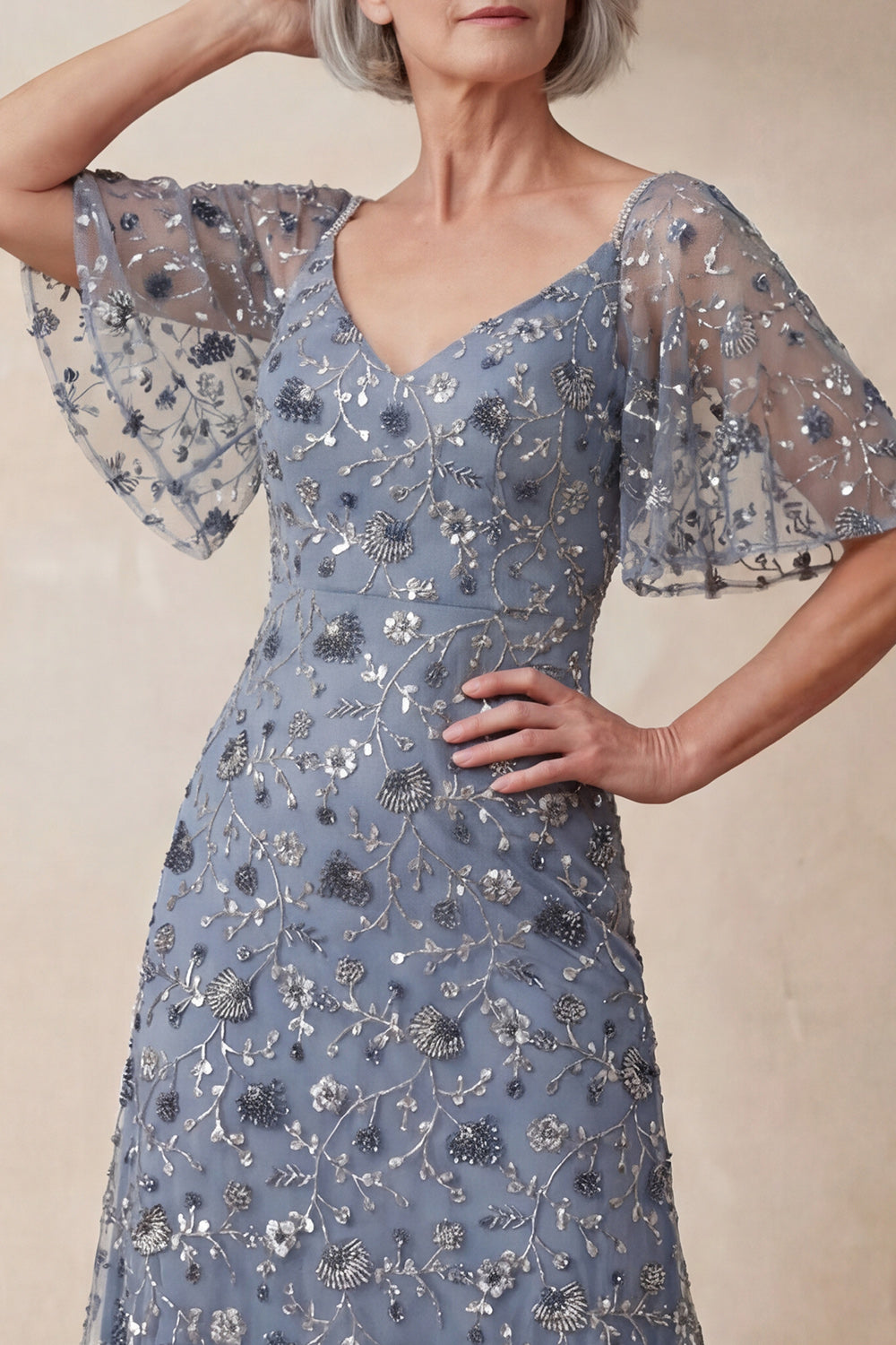 V Neck Twilight Floral A Line Long Mother of the Bride Dress