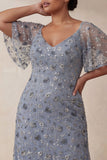 V Neck Twilight Floral A Line Long Mother of the Bride Dress