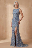 Boat Neck Twilight Mermaid Floral Long Mother of the Bride Dress with Slit
