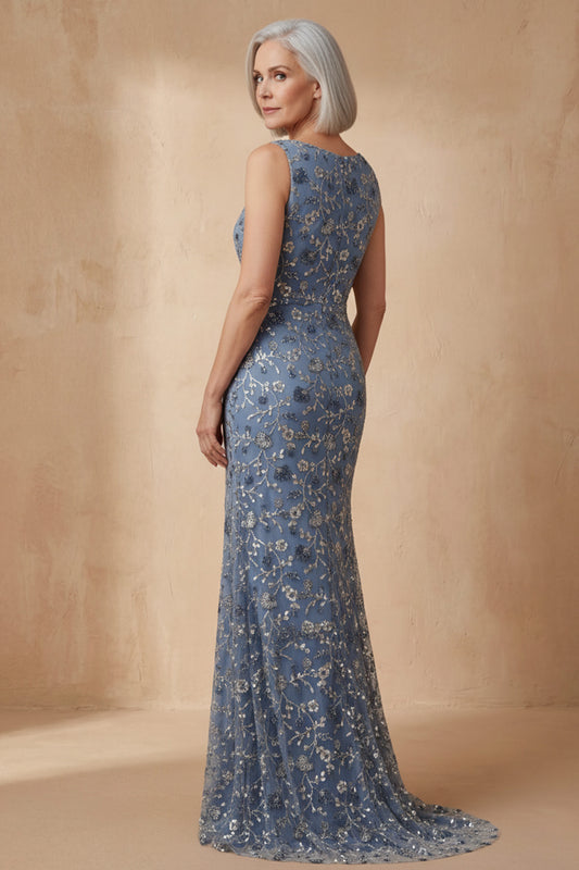 Boat Neck Twilight Mermaid Floral Long Mother of the Bride Dress with Slit