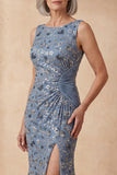 Boat Neck Twilight Mermaid Floral Long Mother of the Bride Dress with Slit
