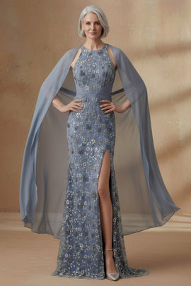 Mermaid Round Neck Twilight Floral Long Mother of the Bride Dress with Cape