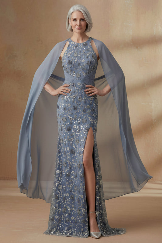 Mermaid Round Neck Twilight Floral Long Mother of the Bride Dress with Cape