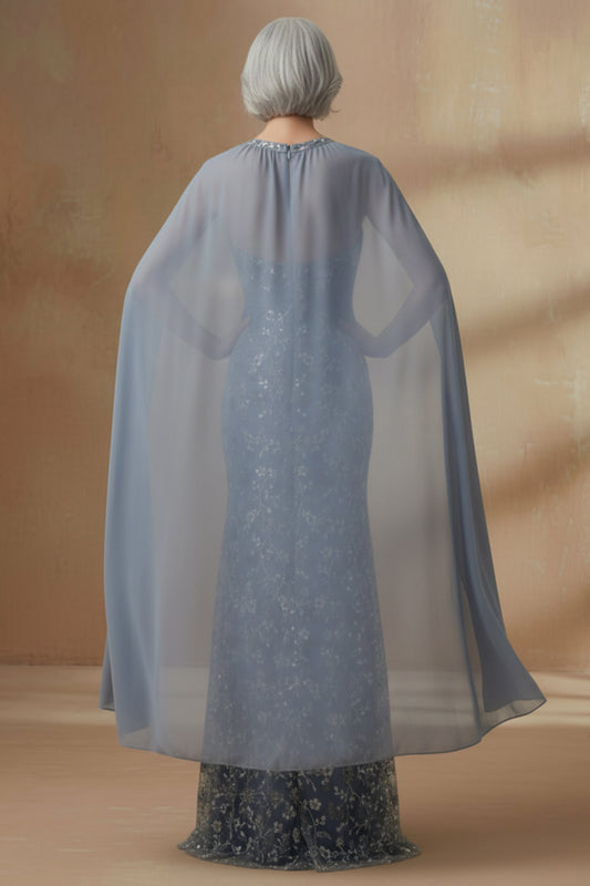 Mermaid Round Neck Twilight Floral Long Mother of the Bride Dress with Cape