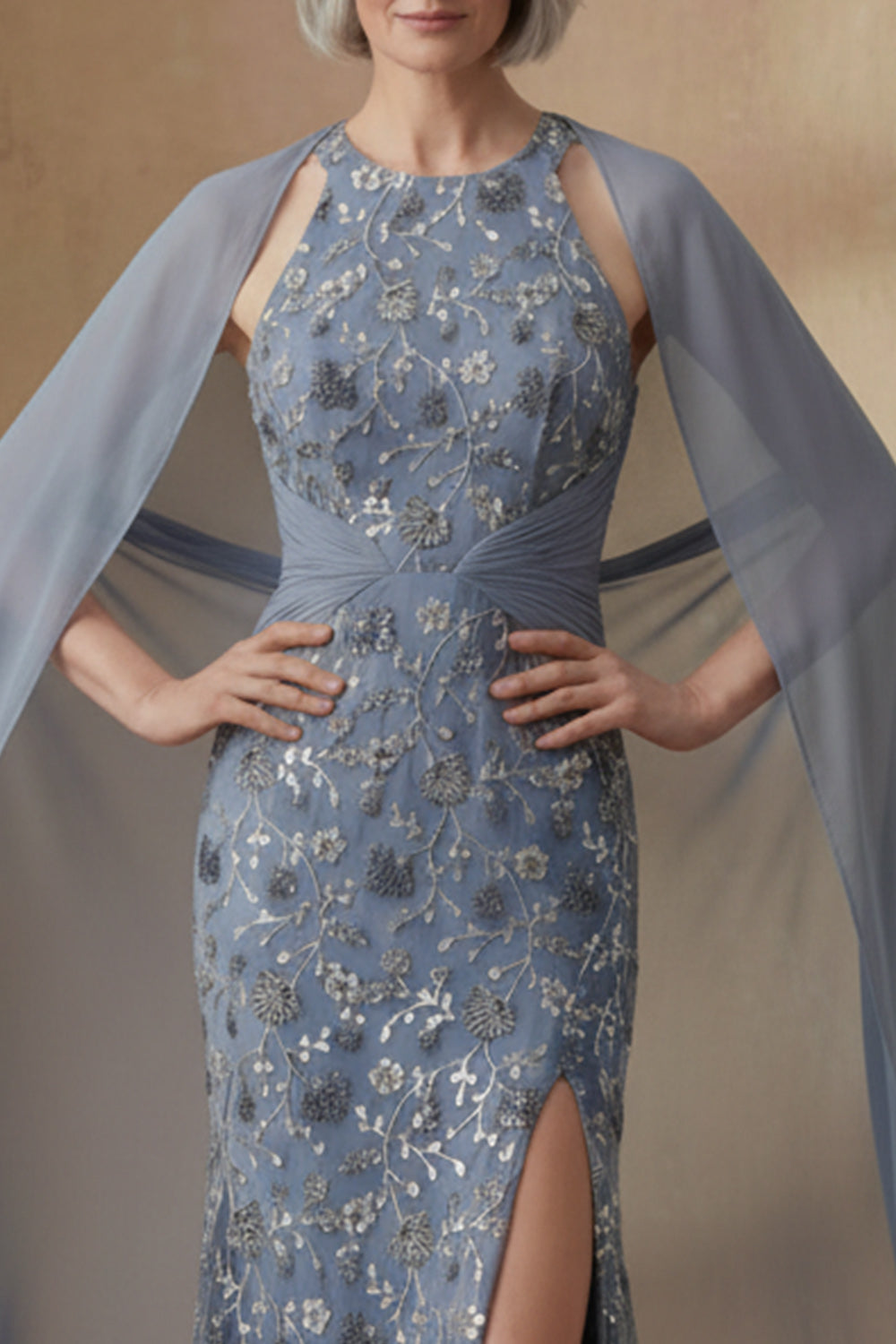 Mermaid Round Neck Twilight Floral Long Mother of the Bride Dress with Cape