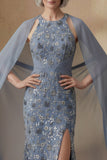 Mermaid Round Neck Twilight Floral Long Mother of the Bride Dress with Cape