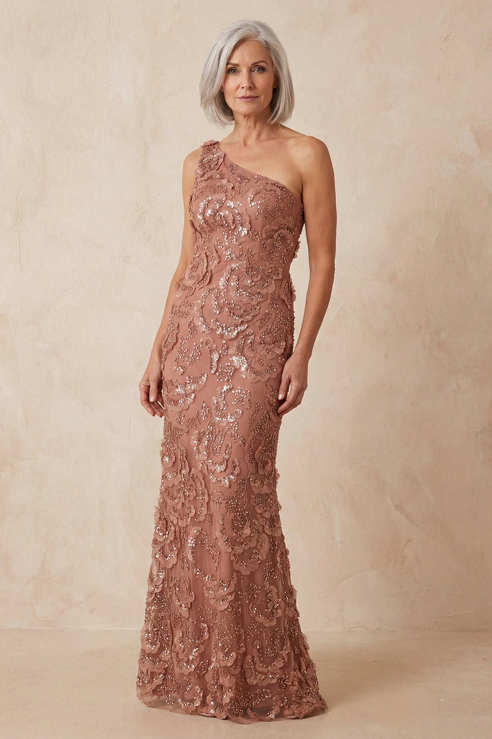 Sparkly Desert Rose Floral Mermaid One Shoulder Long Mother of the Bride Dress
