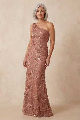 Sparkly Desert Rose Floral Mermaid One Shoulder Long Mother of the Bride Dress