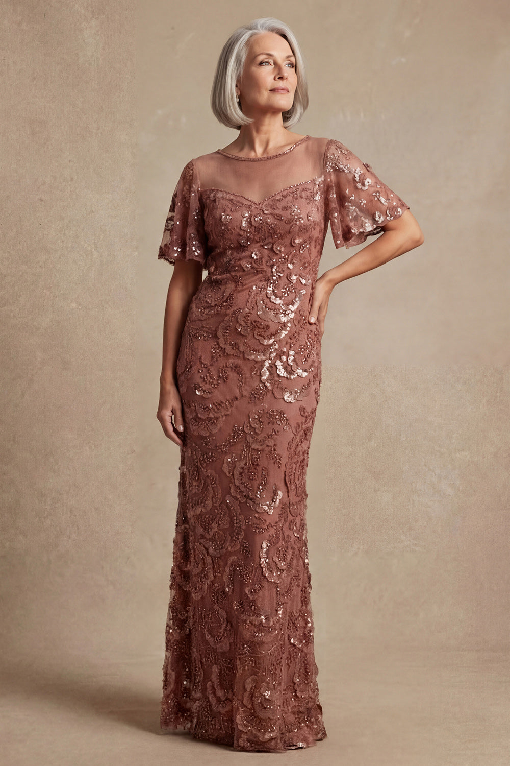 Sparkly Desert Rose Boat Neck Beaded Floral Mother of the Bride Dress