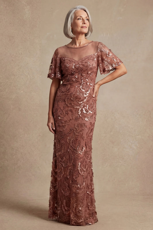 Sparkly Desert Rose Boat Neck Beaded Floral Mother of the Bride Dress