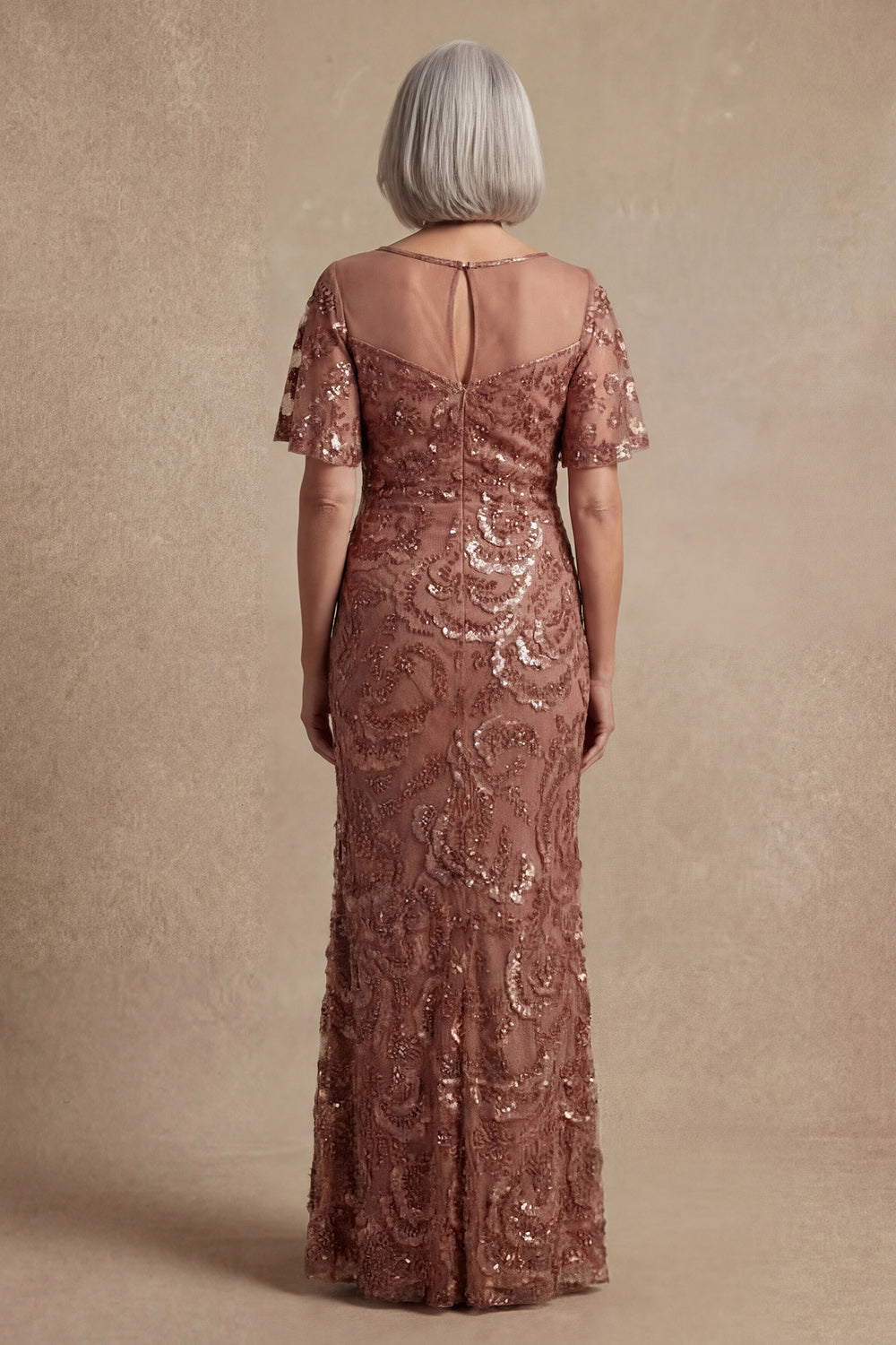 Sparkly Desert Rose Boat Neck Beaded Floral Mother of the Bride Dress