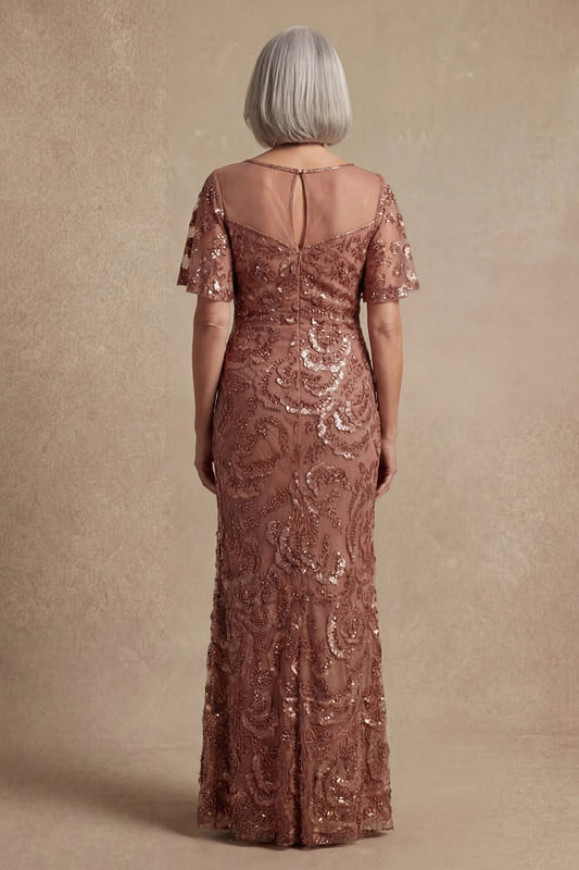 Sparkly Desert Rose Boat Neck Beaded Floral Mother of the Bride Dress