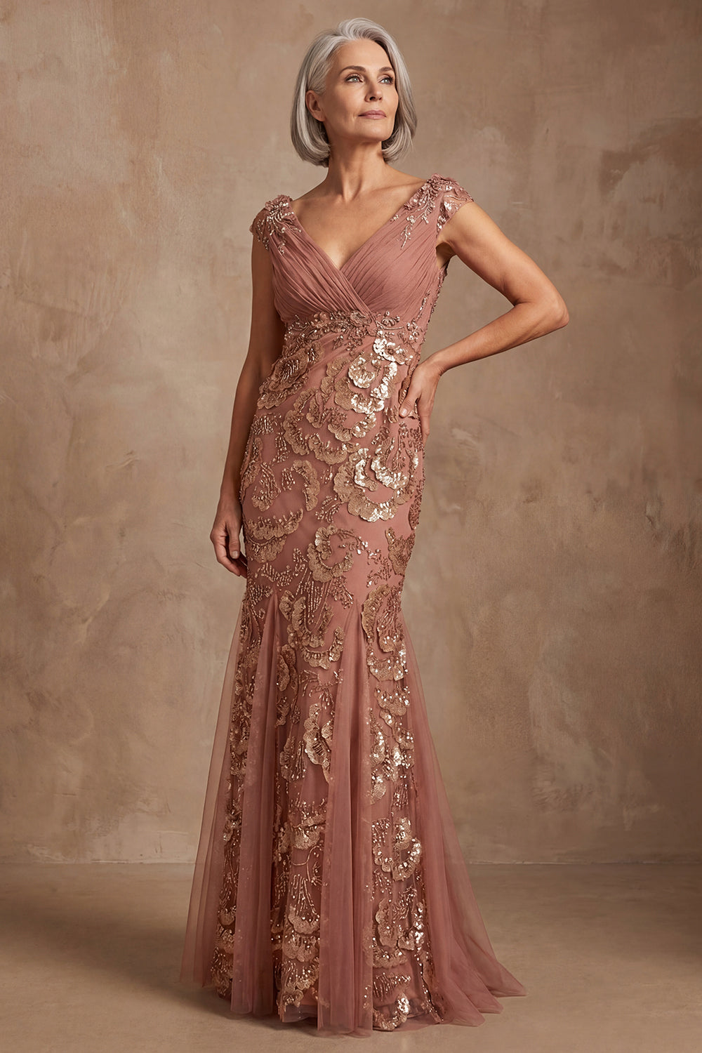 Sparkly Desert Rose V Neck Beaded Floral Mother of the Bride Dress