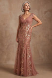 Sparkly Desert Rose V Neck Beaded Floral Mother of the Bride Dress