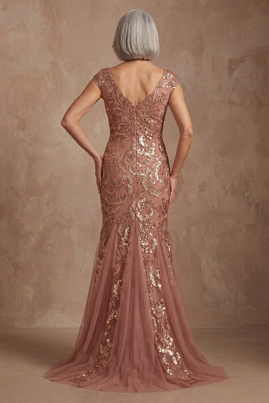 Sparkly Desert Rose V Neck Beaded Floral Mother of the Bride Dress