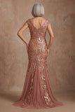 Sparkly Desert Rose V Neck Beaded Floral Mother of the Bride Dress