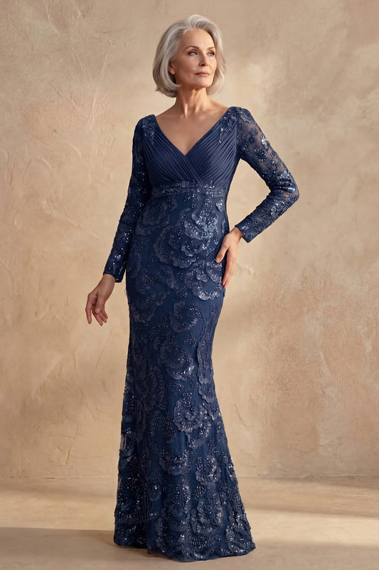 Sparkly Navy V Neck Beaded Floral Mother of the Bride Dress with Sleeves