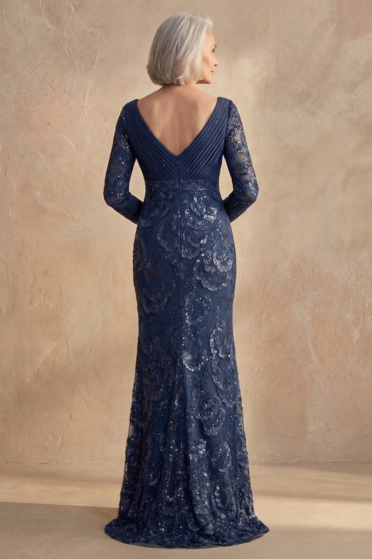 Sparkly Navy V Neck Beaded Floral Mother of the Bride Dress with Sleeves