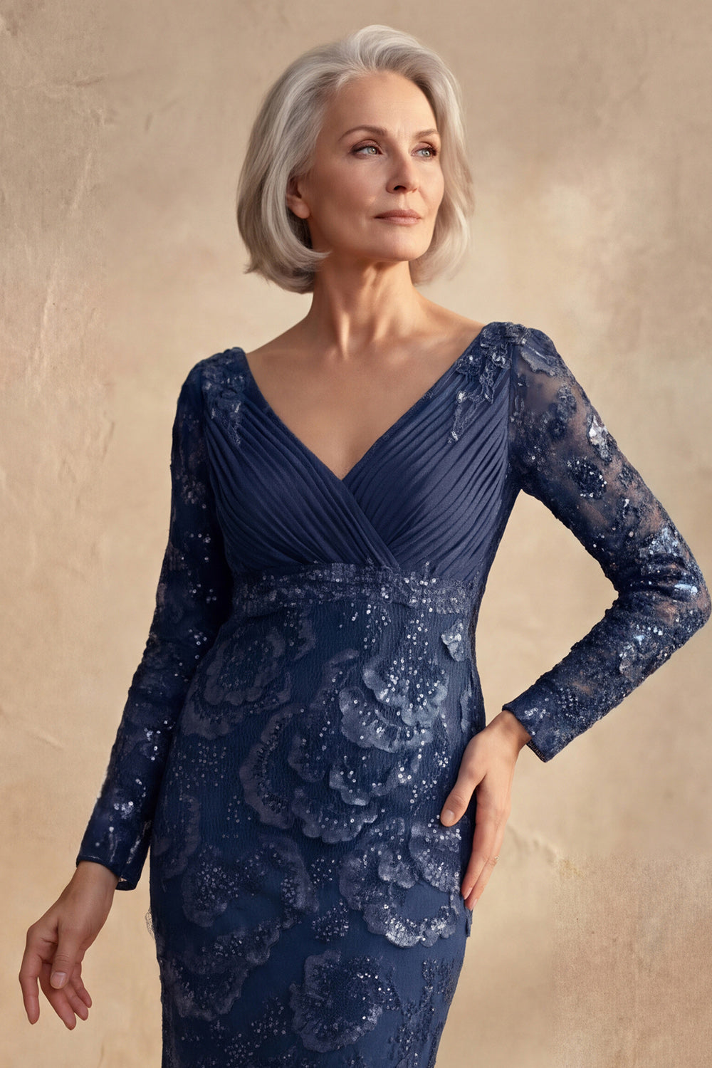 Sparkly Navy V Neck Beaded Floral Mother of the Bride Dress with Sleeves