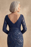 Sparkly Navy V Neck Beaded Floral Mother of the Bride Dress with Sleeves