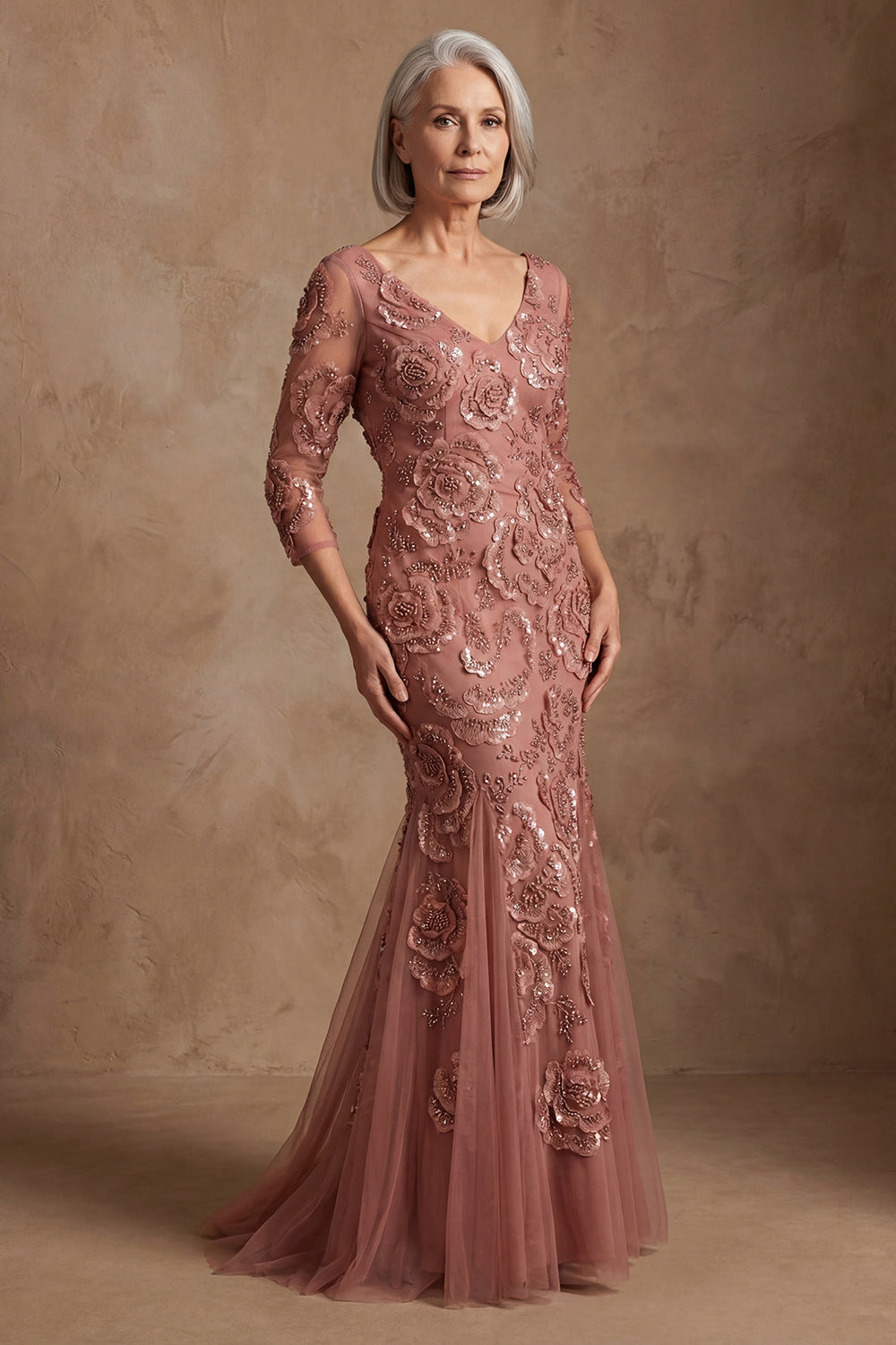 Navy Floral Lace Mermaid Long Beaded Mother of the Bride Dress with Sleeves
