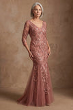 Navy Floral Lace Mermaid Long Beaded Mother of the Bride Dress with Sleeves
