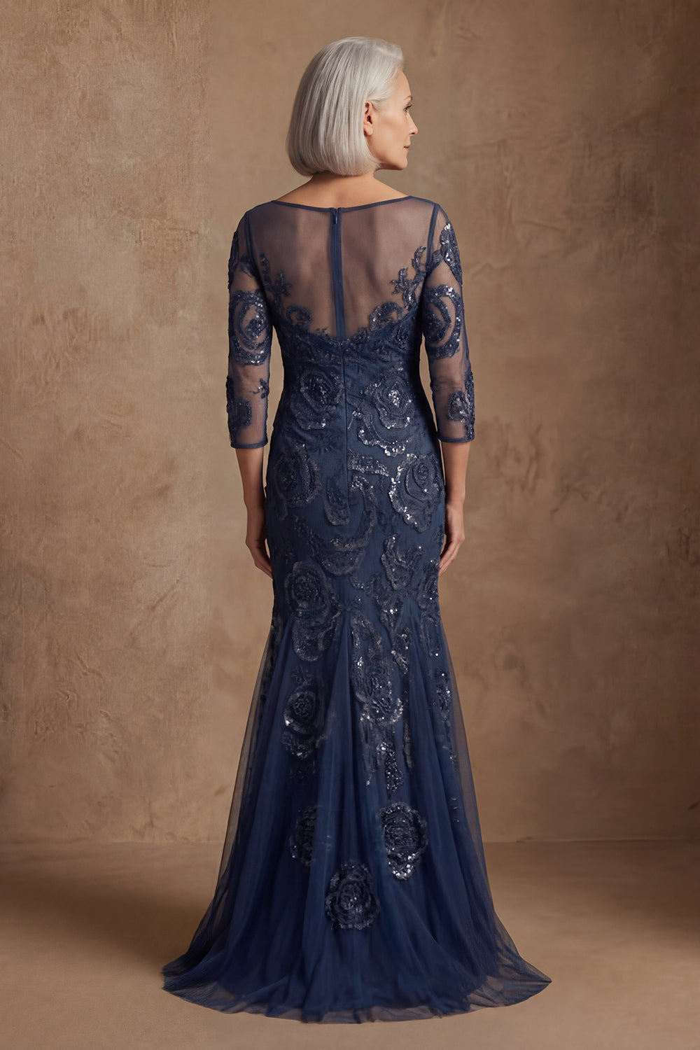 Navy Floral Lace Mermaid Long Beaded Mother of the Bride Dress with Sleeves