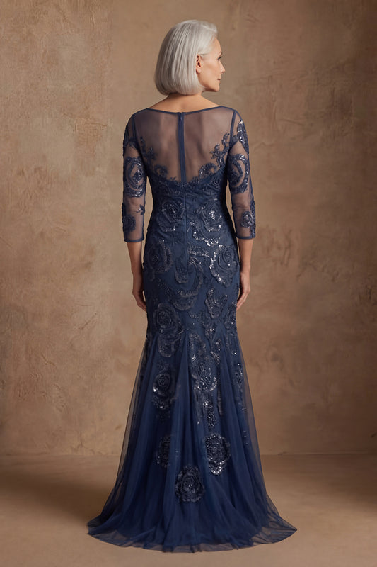 Navy Floral Lace Mermaid Long Beaded Mother of the Bride Dress with Sleeves