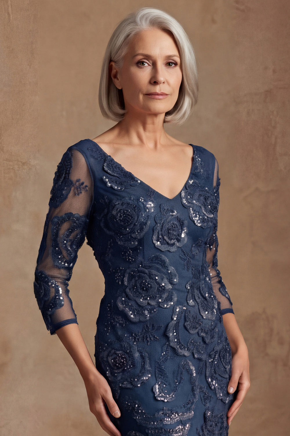 Navy Floral Lace Mermaid Long Beaded Mother of the Bride Dress with Sleeves