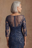 Navy Floral Lace Mermaid Long Beaded Mother of the Bride Dress with Sleeves