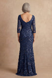 Sparkly Navy Long Sleeves Floral Mother of the Bride Dress