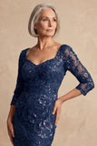 Sparkly Navy Long Sleeves Floral Mother of the Bride Dress