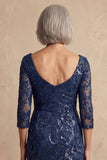 Sparkly Navy Long Sleeves Floral Mother of the Bride Dress