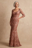 Sparkly Navy Long Sleeves Floral Mother of the Bride Dress