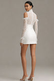 White Bodycon Short Cold Shoulder Ruffled Graduation Dress with Sleeves