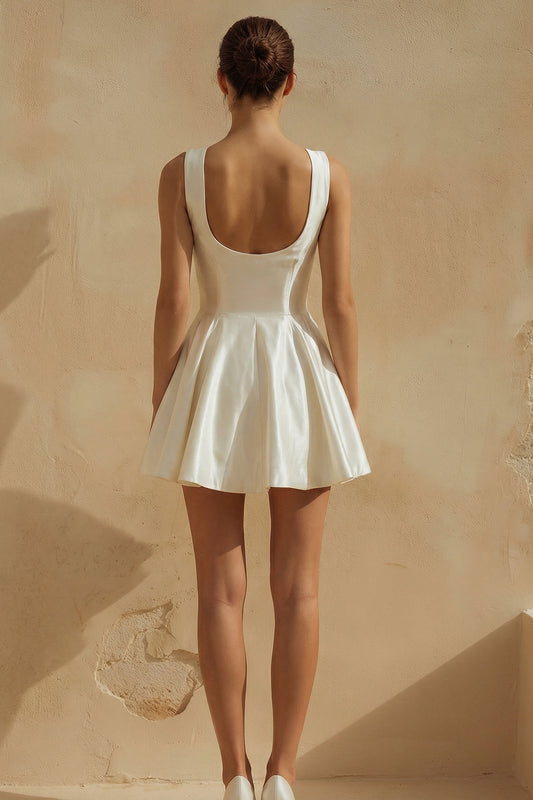 White Short A Line Scoop Neck Satin Graduation Dress