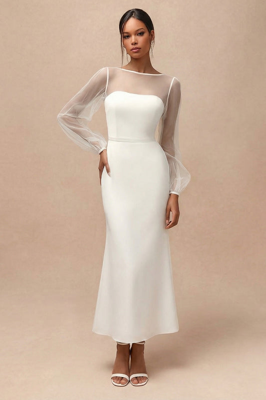 White Long Mermaid Bateau Neck Engagement Dress with Sleeves