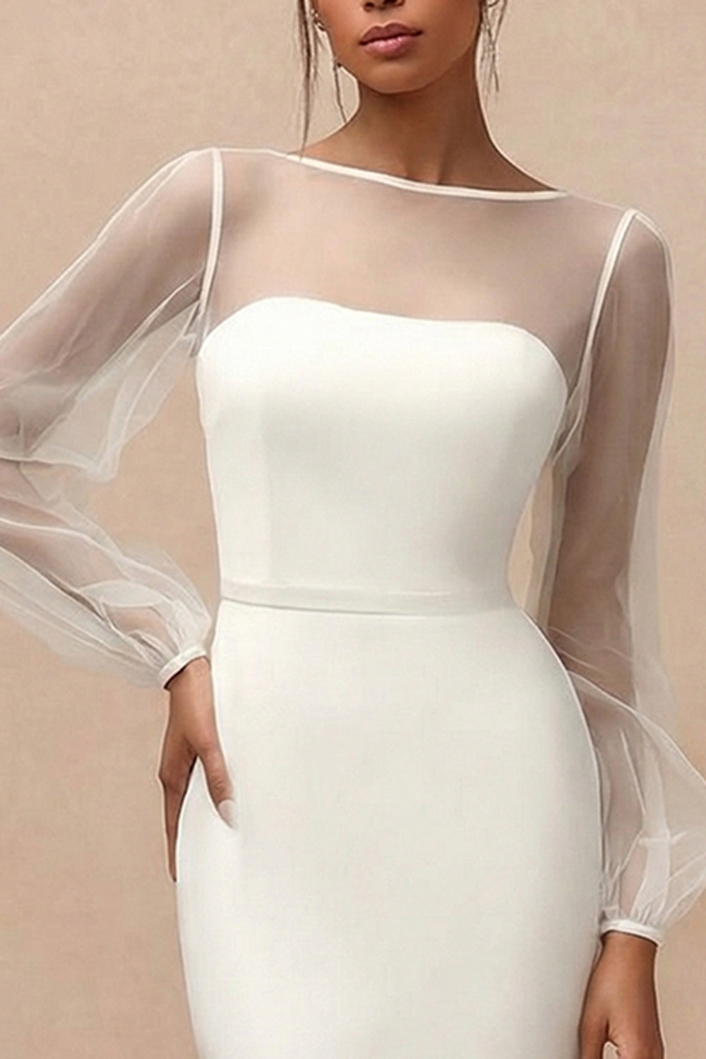 White Long Mermaid Bateau Neck Engagement Dress with Sleeves