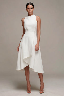White Asymmetrical A Line Round Neck Engagement Dress with Ruffles