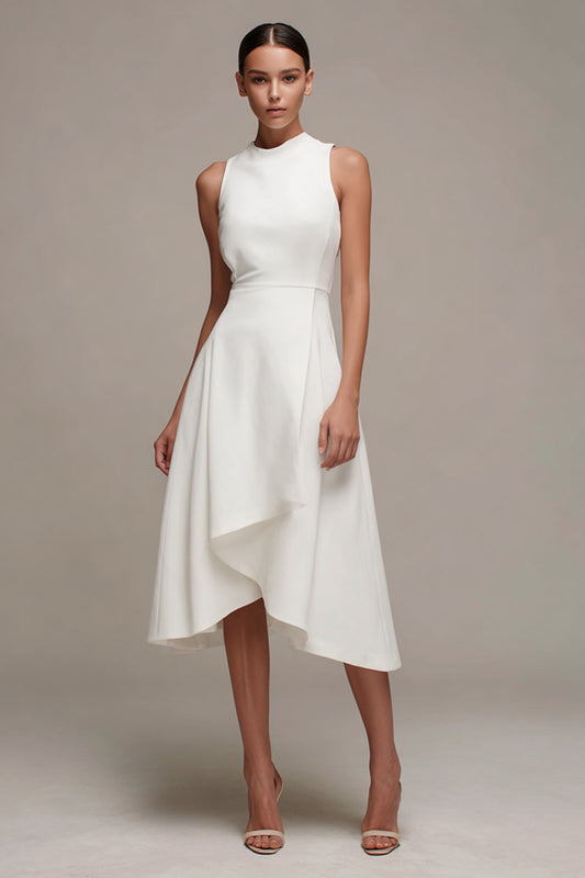 White Asymmetrical A Line Round Neck Engagement Dress with Ruffles
