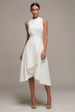 White Asymmetrical A Line Round Neck Engagement Dress with Ruffles