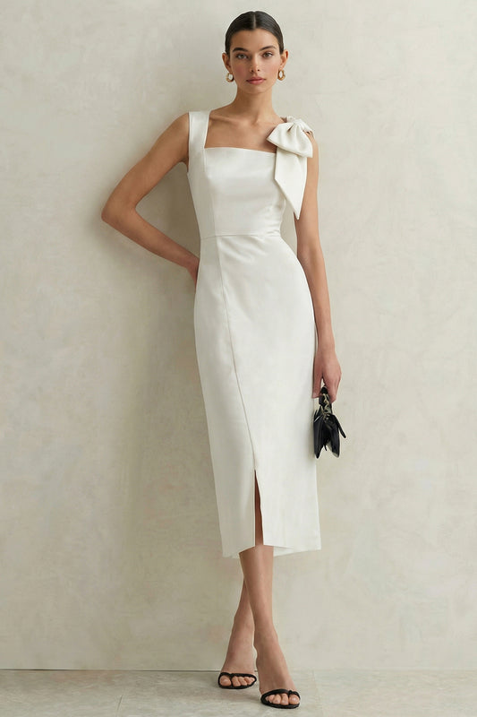 White Bodycon Square Neck Midi Engagement Dress with Bow