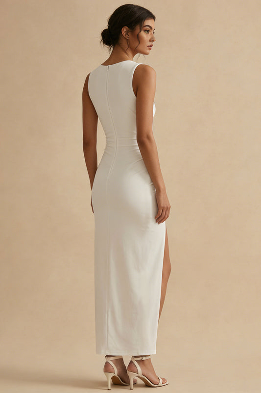 White Sheath Boat Neck Maxi Ruched Engagement Dress with Slit
