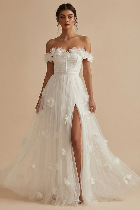 White Corset Off the Shoulder Long Floral Wedding Reception Dress with Slit