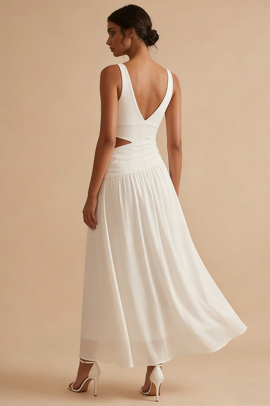 White Maxi A Line V Neck Cut Out Engagement Dress