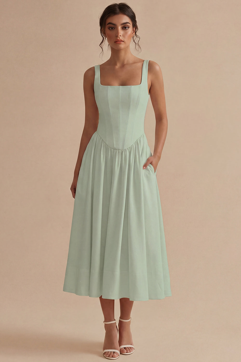 White Maxi Basque Waist Square Neck Corset Engagement Dress