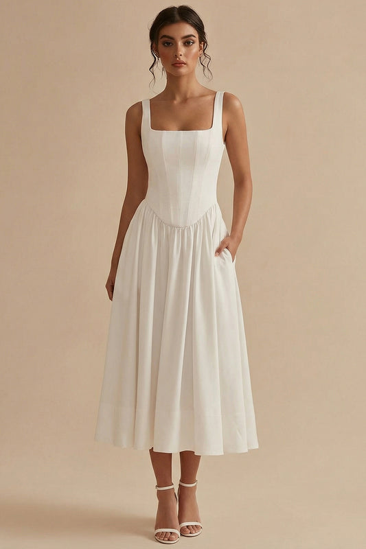 White Maxi Basque Waist Square Neck Corset Engagement Dress