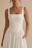 White Maxi Basque Waist Square Neck Corset Engagement Dress