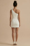 White Short Bodycon One Shoulder Graduation Dress with 3D Flower